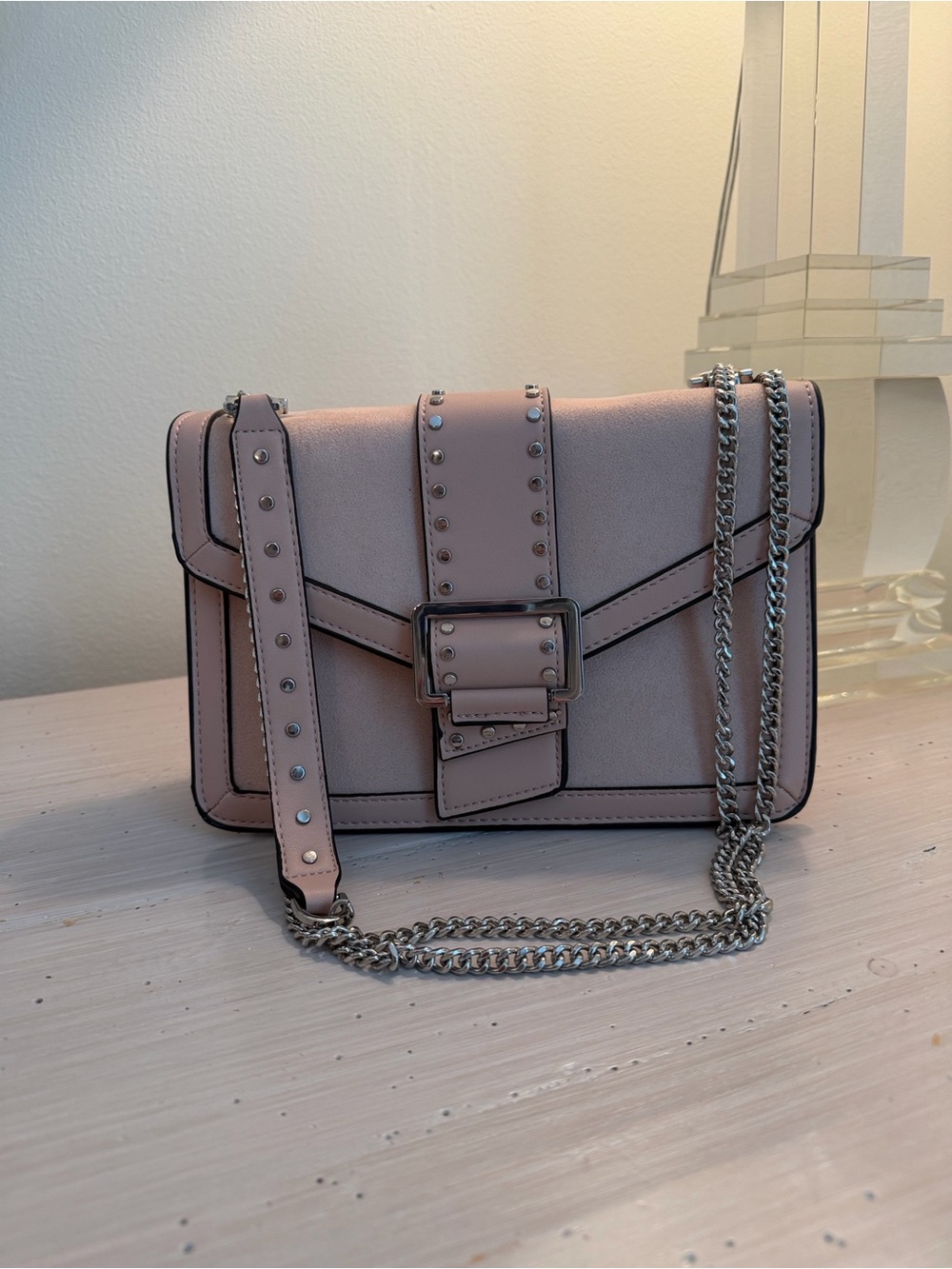 Blush Pink Studded Crossbody Bag with Chain Strap